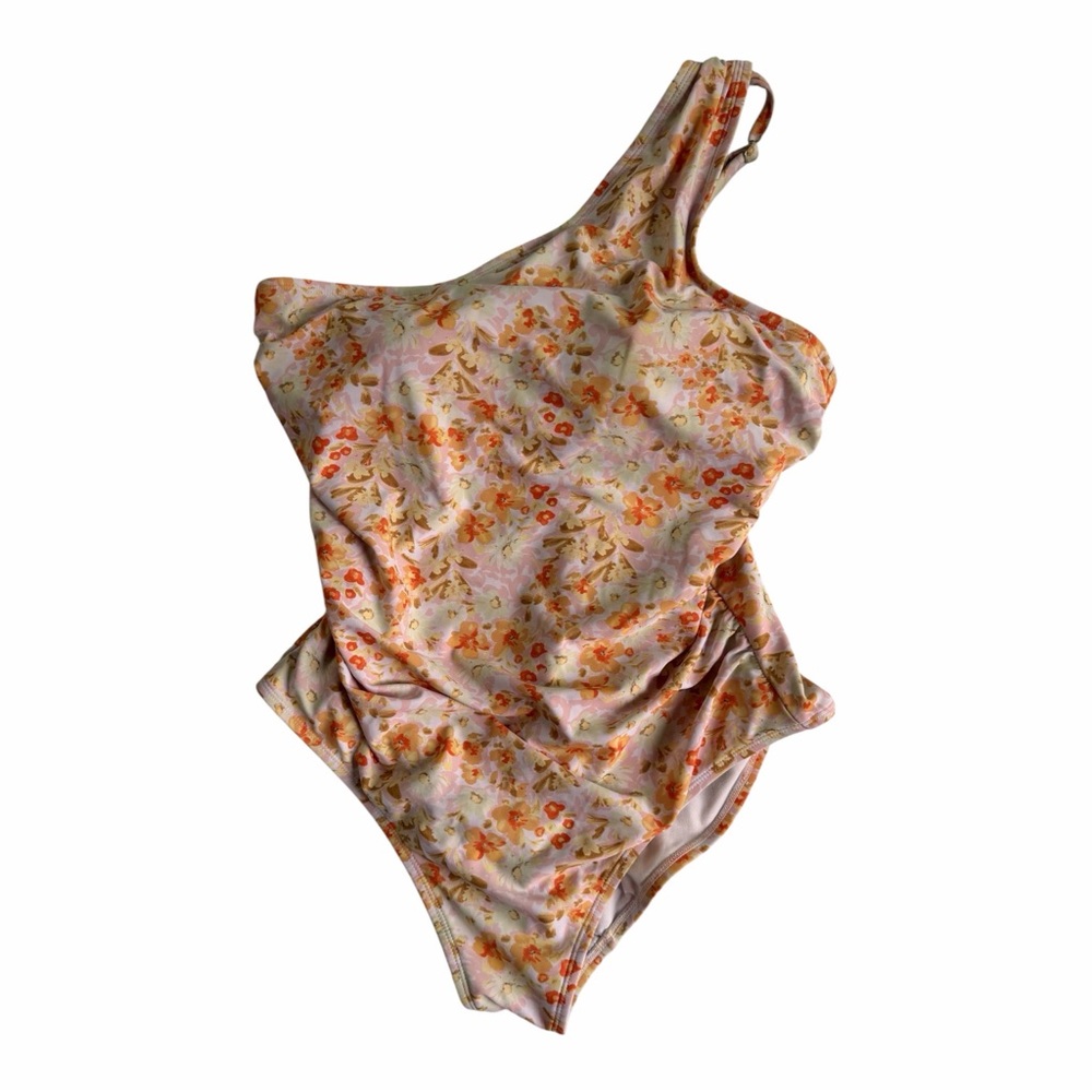 Kona Sol Peach and Orange Floral One-Shoulder Swimsuit